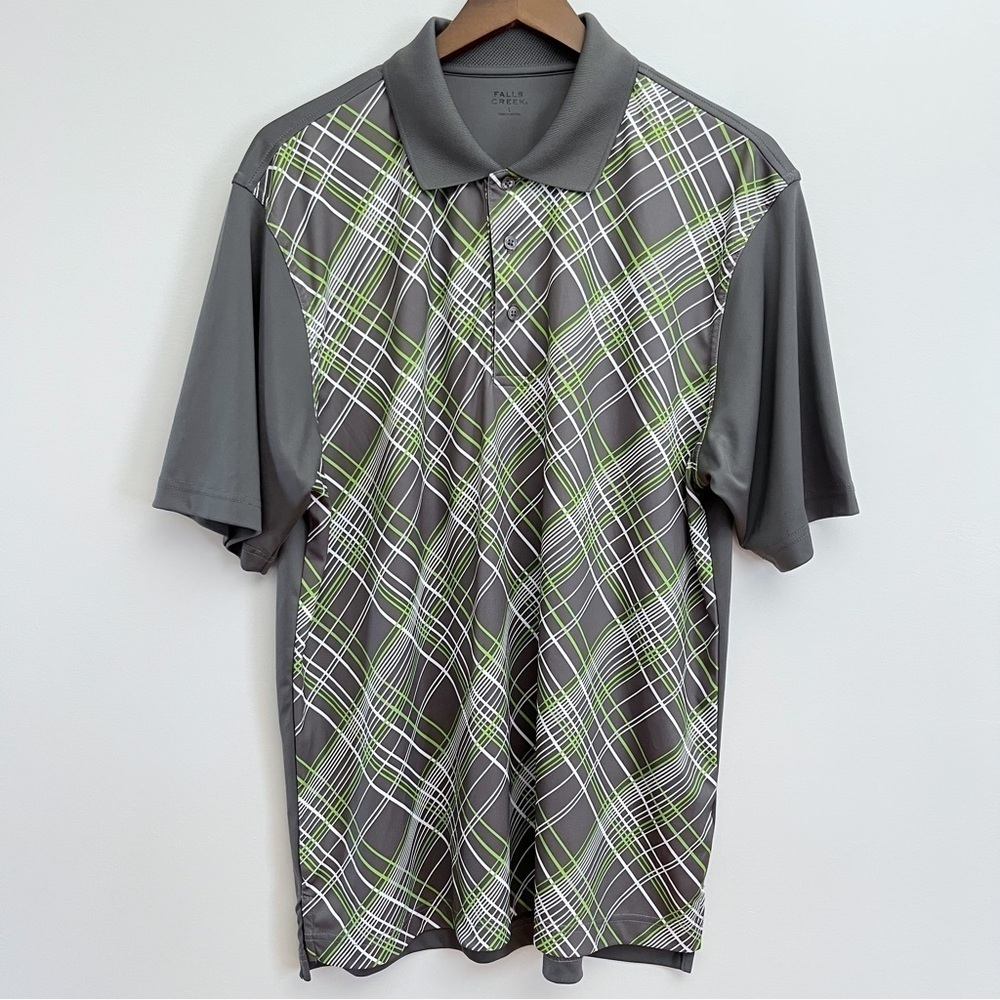 Falls Creek Men’s Grey Grid Patterned Golf Polo Size Large